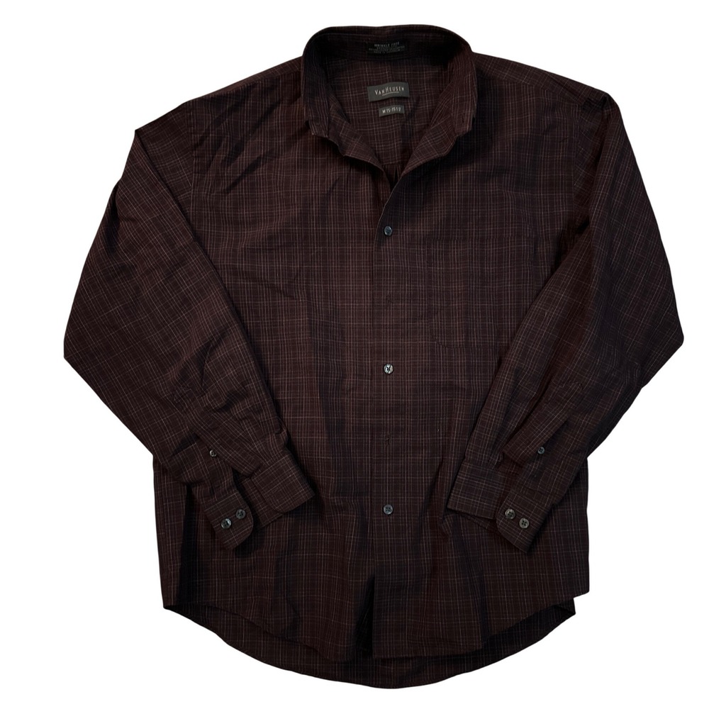 Van Heusen Mens Burgundy Plaid Wrinkle Free Broadcloth Button Down Shirt Medium